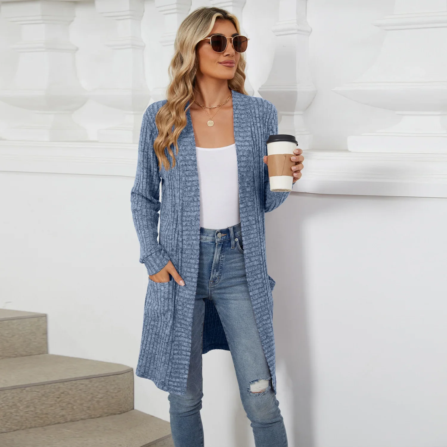 Women Long Sleeve Pocket Cardigan Tops