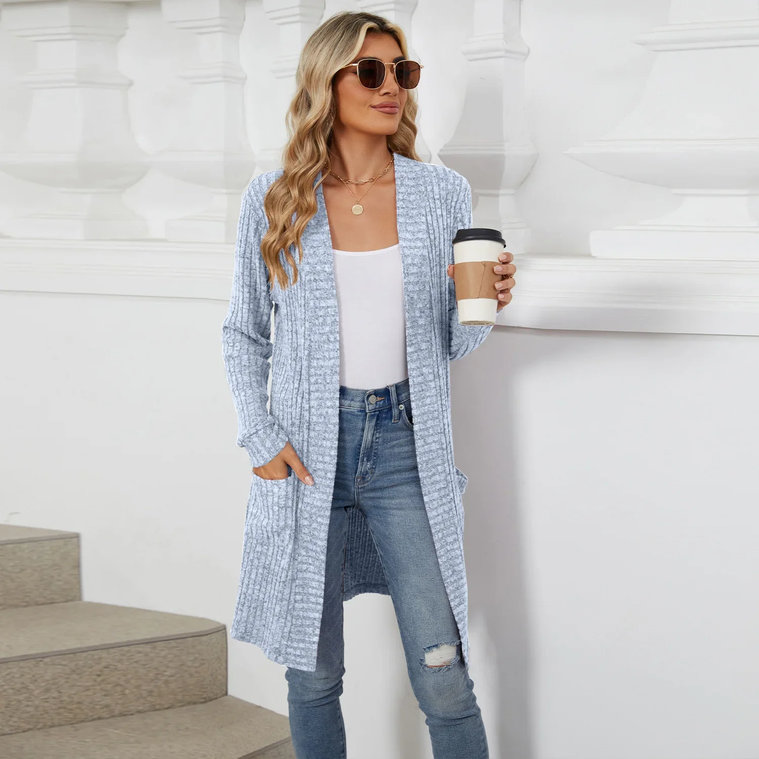 Women Long Sleeve Pocket Cardigan Tops