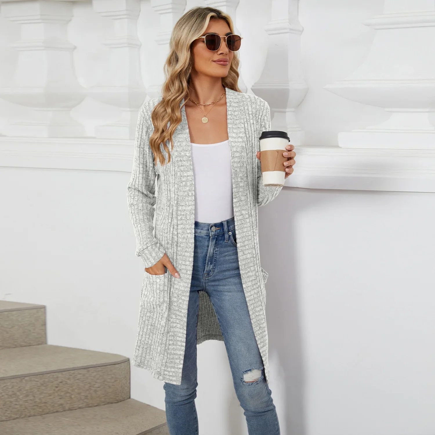 Women Long Sleeve Pocket Cardigan Tops