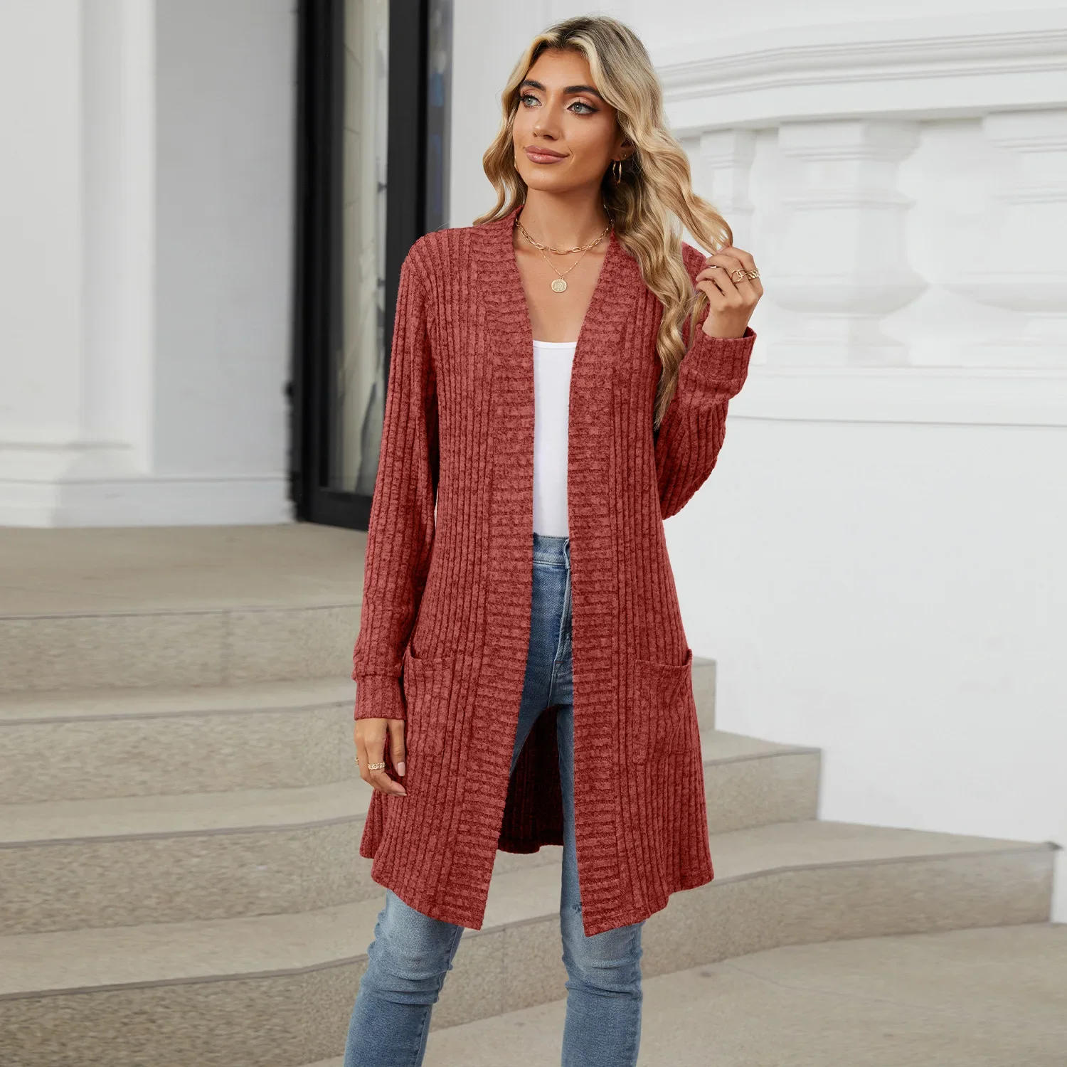 Women Long Sleeve Pocket Cardigan Tops