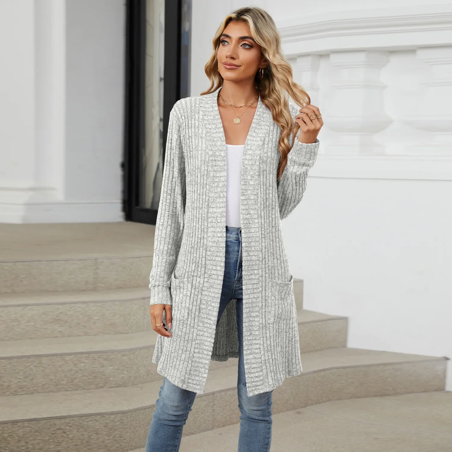 Women Long Sleeve Pocket Cardigan Tops