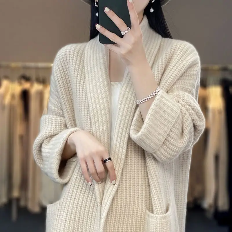 Autumn and Winter New Korean Version Medium Long V-neck Sweater Women's Coat High-end Slimming Lazy Style Knitted Cardigan