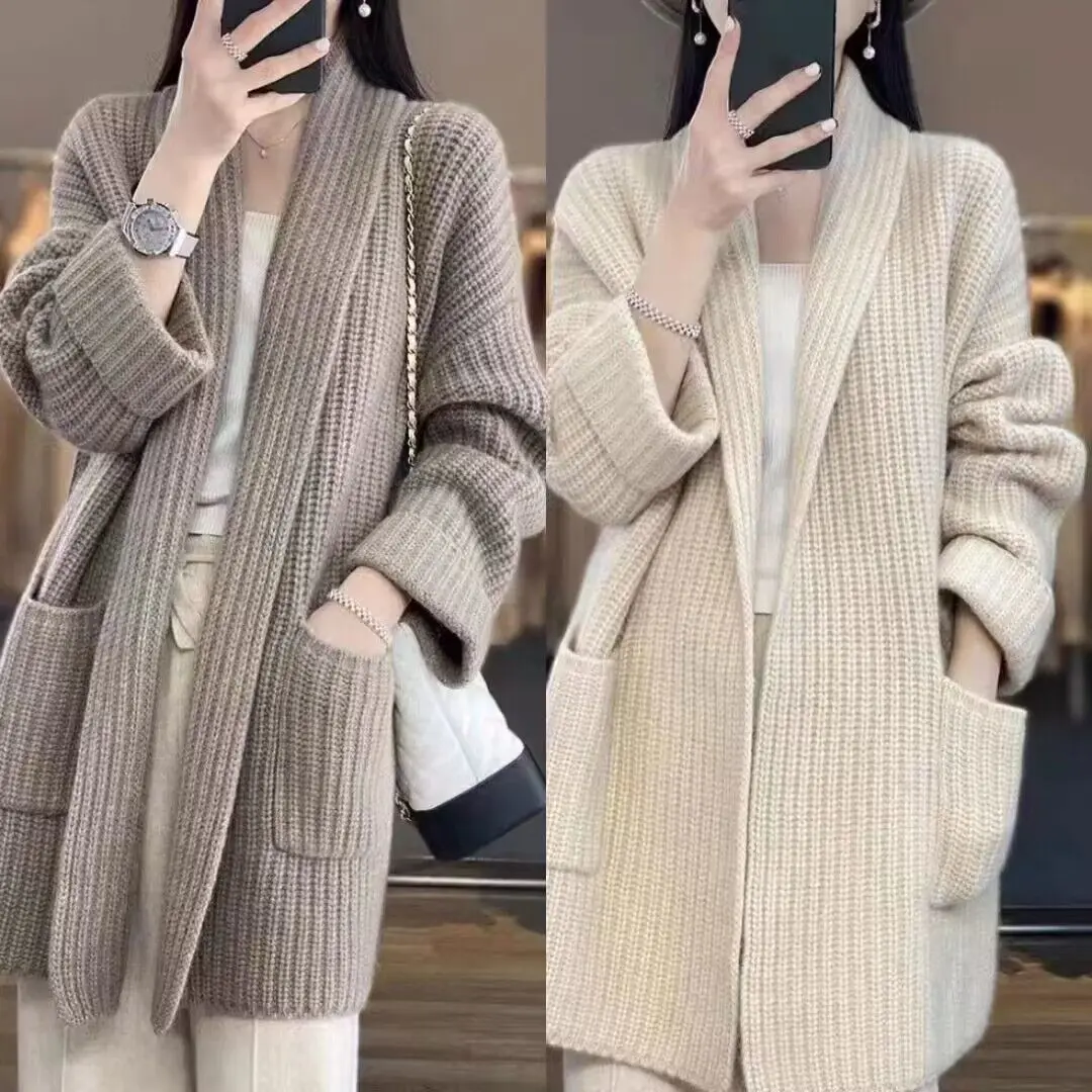 Autumn and Winter New Korean Version Medium Long V-neck Sweater Women's Coat High-end Slimming Lazy Style Knitted Cardigan