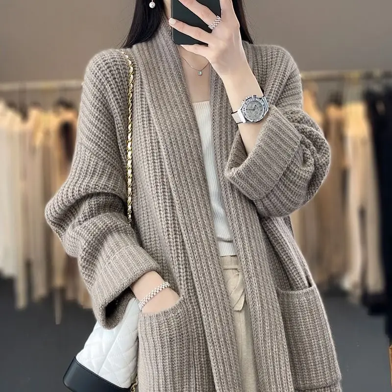 Autumn and Winter New Korean Version Medium Long V-neck Sweater Women's Coat High-end Slimming Lazy Style Knitted Cardigan