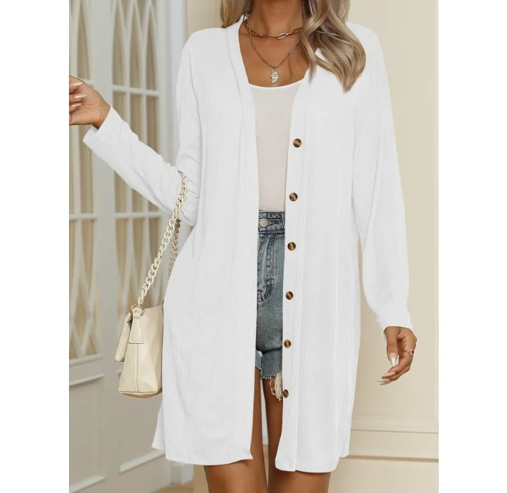 Autumn and Winter Long White Cardigan Women Sweater 2023 Fashion Single Breasted Loose Fitting Button Solid Color Casual Coat