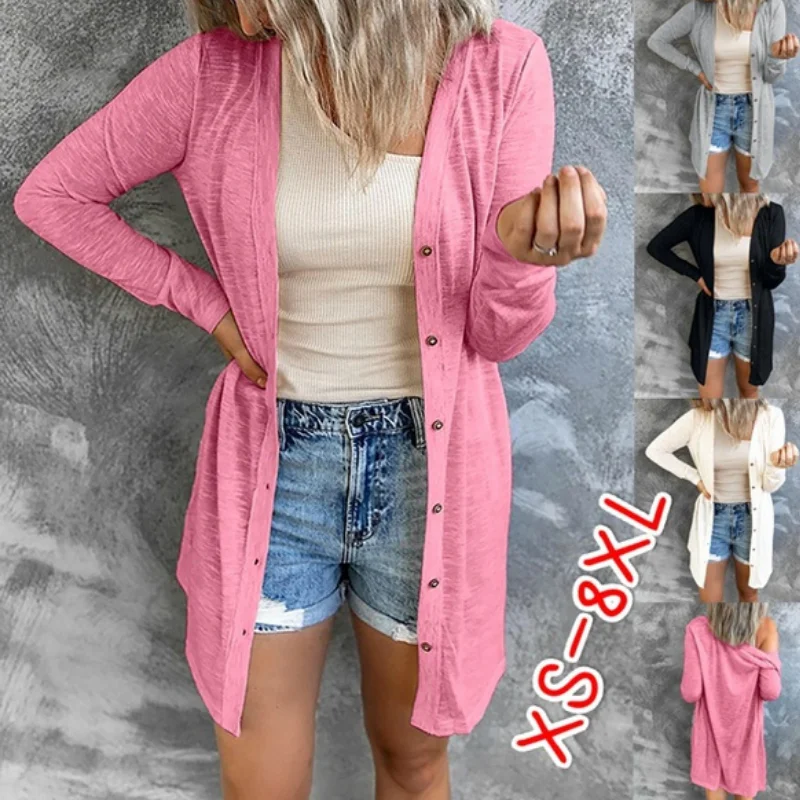 Summer Women XS-8XL Cardigan Sunscreen Clothing Spring and Autumn Casual Solid Long Sleeve Coat Versatile Loose Top Plus Size