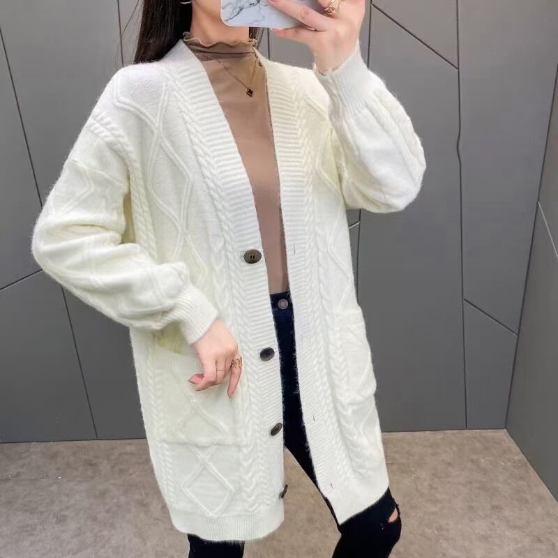 Autumn and Winter New Korean Fashion Women's Loose Size Cardigan Sweater Coat Button Pocket Top Yellow Coat Pink Sweater