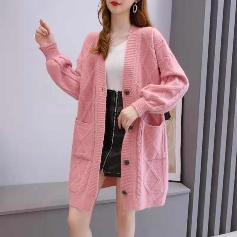 Autumn and Winter New Korean Fashion Women's Loose Size Cardigan Sweater Coat Button Pocket Top Yellow Coat Pink Sweater