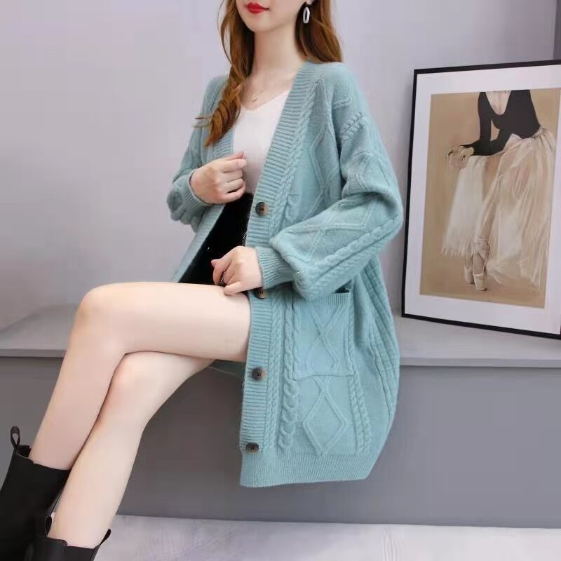 Autumn and Winter New Korean Fashion Women's Loose Size Cardigan Sweater Coat Button Pocket Top Yellow Coat Pink Sweater