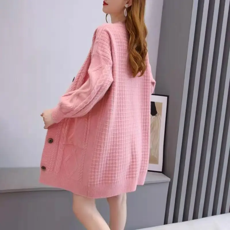 Autumn and Winter New Korean Fashion Women's Loose Size Cardigan Sweater Coat Button Pocket Top Yellow Coat Pink Sweater