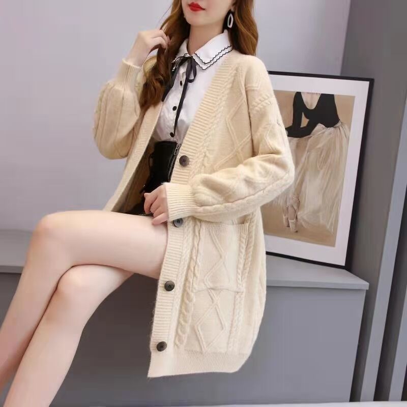 Autumn and Winter New Korean Fashion Women's Loose Size Cardigan Sweater Coat Button Pocket Top Yellow Coat Pink Sweater